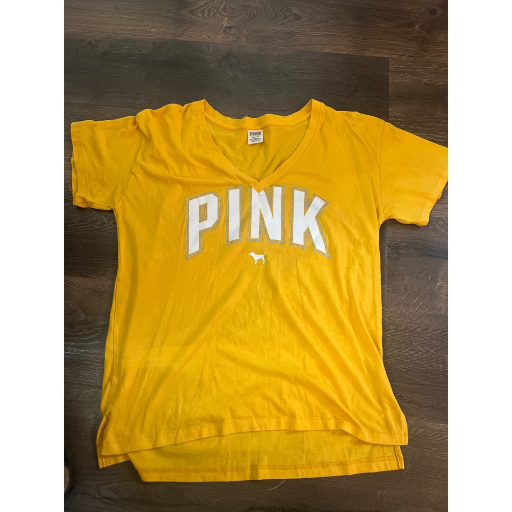 Victorias Secret PINK V-Neck T-Shirt Yellow Glitter Logo Graphic Tee Large